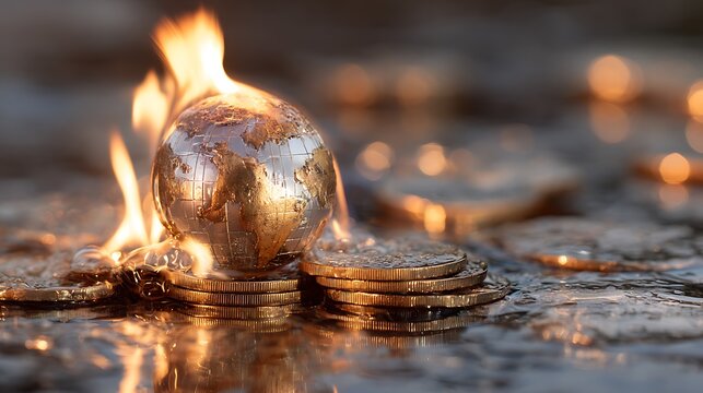 Burning Coins on Wet Surface Closeup.