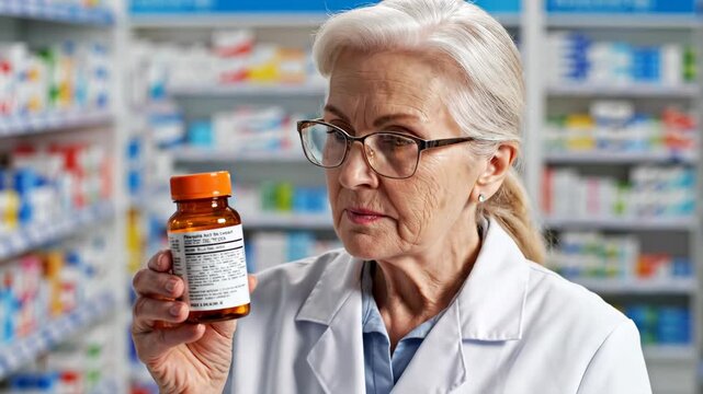 senior caucasian pharmacist reading label on medicine bottle in drugstore. elderly woman in white coat holding pills. healthcare, medical treatment.
