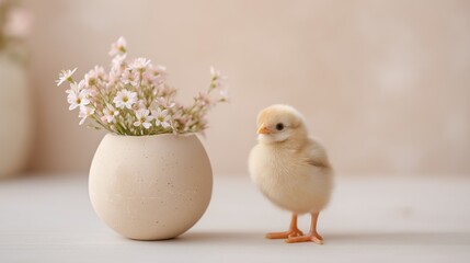 Chick Easter decoration flowers spring holiday seasonal celebration concept. Small chick standing near flower vase with spring flowers and Easter decor. Chick bird poultry spring Easter flower