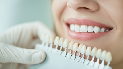 Dentistry teeth whitening shade guide dental clinic cosmetic dentistry healthcare. Dentist comparing tooth color with dental shade guide during teeth whitening consultation cosmetic dentistry