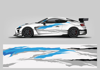 Naklejka premium Abstract grunge white blue stripe racing car wrap design. Vector wrap template for vehicle graphics.