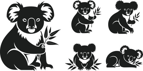 Koala illustration set, wildlife cartoon artwork, eucalyptus animal vector design, cute graphic icon, black white nature symbol © Sree