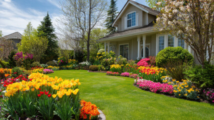 Obraz premium Spring season, garden, flower, fresh, life. A house surrounded by a lush garden of vibrant flowers and lush green grass, with trees in the background and a clear blue sky above.