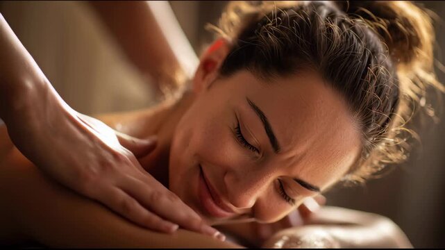 Close-up of woman with curly hair receiving shoulder massage with oil at spa warm ambient lighting