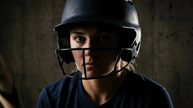serious caucasian female softball player posing with bat on shoulder. athlete wearing helmet and gloves. studio portrait with dramatic lighting. sport competition concept.
