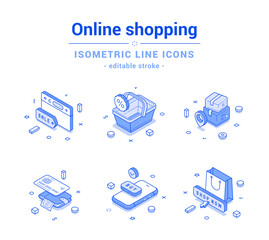 Plakat Online shopping sale web store delivery digital wallet mobile app outline line isometric icon set vector illustration. Internet banking shop market supermarket marketplace purchase paying buying goods