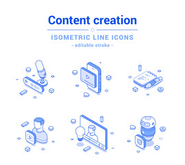 Plakat Multimedia content creation blog vlog e learning outline line isometric icon set vector illustration. Media influencer video social network live broadcast making money via internet podcast chatbot