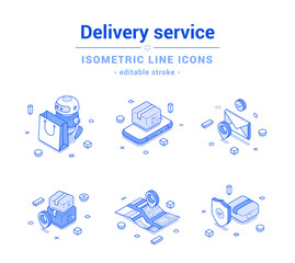 Plakat Delivery service postal parcel courier chatbot logistic outline line isometric icon set vector illustration. Commercial shipping post transportation map tracking distribution online shopping shipment