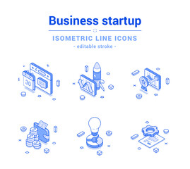 Plakat Business startup success management strategy analyzing outline line icon set vector illustration. Corporate achievement marketing planning commercial innovation idea analysis finance report