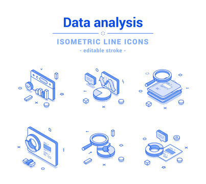 Data analysis statistic business monitoring chart graph outline line isometric icon set vector illustration. Database infographic information dynamic diagram research productivity efficiency report