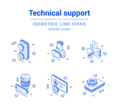 Customer technical support call center hotline helpline outline line isometric icon set vector illustration. Client help consulting assistance chatbot online live operator chatting feedback service