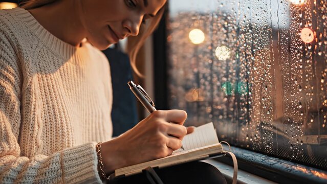 Female writer in cozy sweater sits by rain-soaked window, jotting notes in a notebook while colorful city lights blur in the background