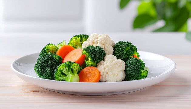 A white plate filled with steamed broccoli, cauliflower, and sliced carrots on a light wooden surface.