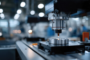 Fototapeta premium This dynamic image presents a cutting tool engaged in a machining process within a factory, emphasizing the synergy between technology and industrial craftsmanship.