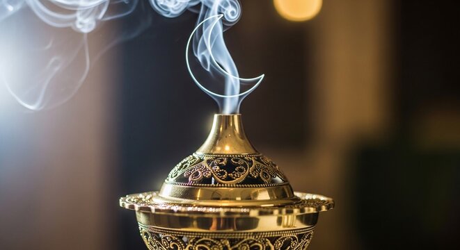 A close-up shot of a golden incense burner with smoke rising, highlighting the intricate details and cultural significance of the object.