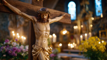 Close-up of a wooden crucifix with a detailed figure of Christ, background softly blurred with glowing Easter candles and church decorations