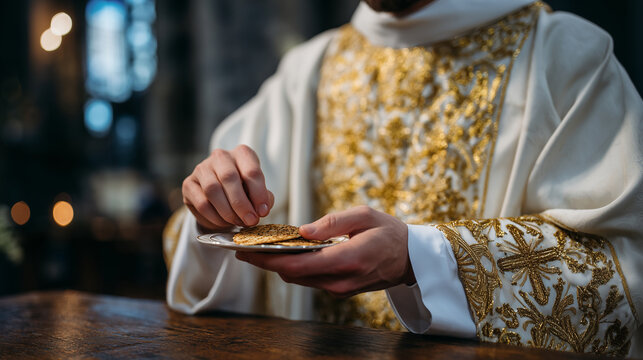 Close-up of a Catholic priest&acirc;s hands breaking a communion host during Easter Mass, liturgical vestments with gold embroidery visible in soft focus