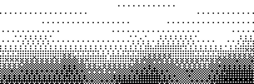 Bitmap dither pixel with wave gradient effect. Black and white bit texture background&mdash;abstract halftone 8-bit computer retro Y2K screen wallpaper&mdash;wide pixel art digital vintage vector illustration.