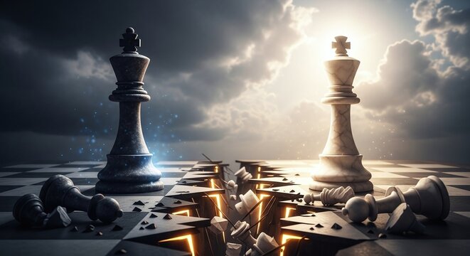 A dramatic chess scene featuring two kings facing each other on a cracked chessboard, symbolizing conflict and strategy in a high-stakes game.