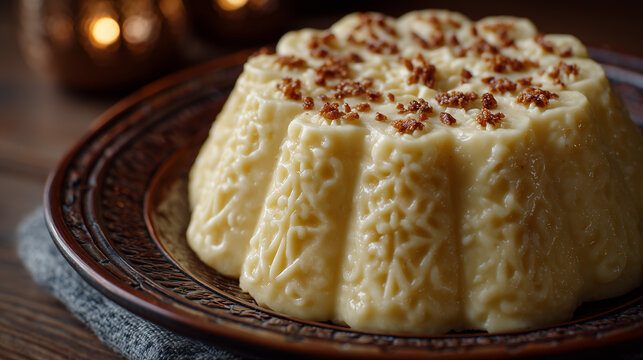 Close-up of traditional paskha dessert molded with decorative religious symbols, creamy texture and intricate patterns highlighted