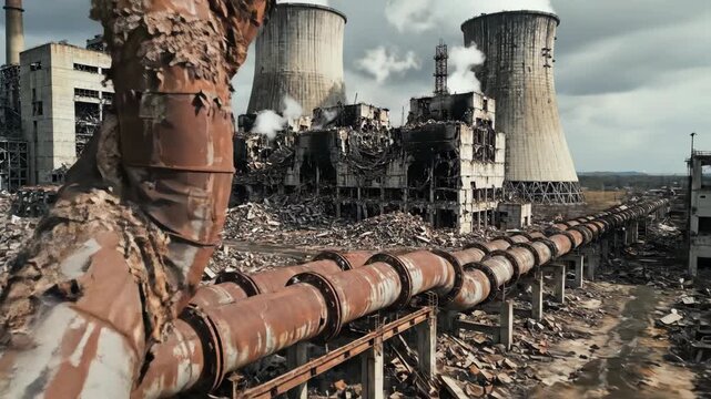 An abandoned industrial site with decaying buildings, rusted pipes, and billowing smoke stacks