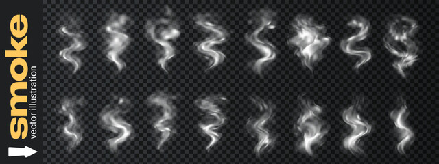 Naklejka premium Effect vector white with food steam png and smoke tea coffee. Hot isolated dish with light black cloud and incense mist fog. Steam cup effect with food design smoky and pollution smell mug.