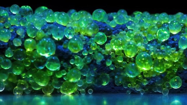 Close-up of glowing, spherical forms, with translucent qualities, clustered against a dark background
