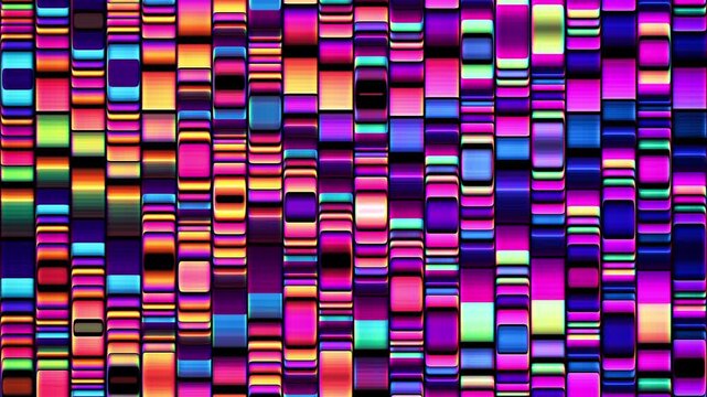 Flowing abstract field of neon shifting gradients forming living grid of color. Vibrant luminous stripes matrix sliding and merging like spectrum analyzer or stream of digital dna. Seamless loop 4K