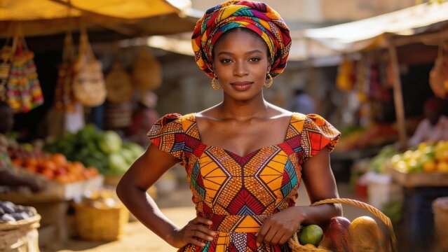 African Woman in Traditional Colorful Attire at Market