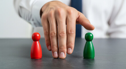 Hand dividing red and green wooden figures perfect for business dispute settlement and management strategy
