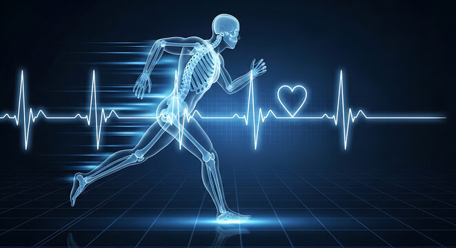 A glowing skeleton of a person is running with a heart rate monitor and EKG lines in the background indoors.