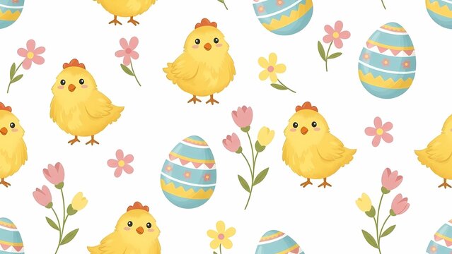 Cute Easter Chick Seamless Pattern with Decorative Eggs and Spring Flowers