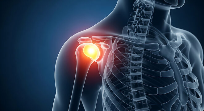 Human skeleton with glowing red shoulder joint and highlighted bones in dark background