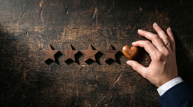 Person hand giving five star rating on dark textured background perfect for premium customer satisfaction and quality review