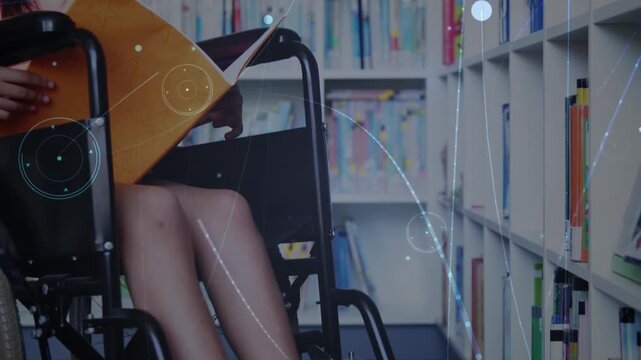 Animation of network of connections over disabled caucasian schoolgirl learning in library
