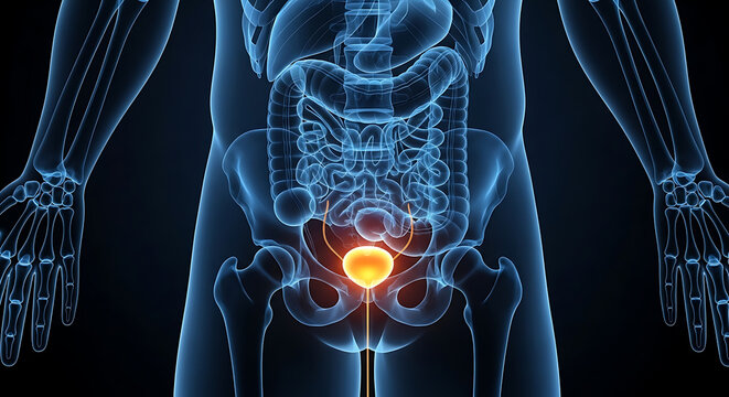 Human skeleton with glowing lower back pain highlighted in orange color