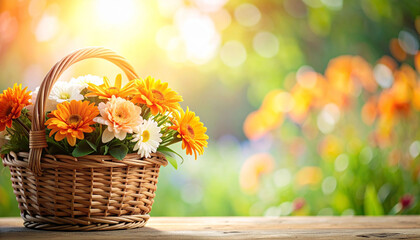 カゴに入ったガーベラの花束 明るい陽光と緑の背景 文字入れ用の余白がある春のフラワーギフト素材