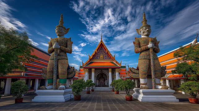 AI generator images of Giant statues, or "Dvarapala," guard the main chapel. The temple boasts beautiful and elaborate architecture, including the main chapel, pagoda, and various structures built