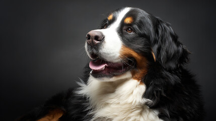 bernese. Portrait of a playful Bernese mountain dog against a simple colored backdrop with directional lighting. wildlife magazines, conservation campaigns, designed for eco-tourism storytelling.

