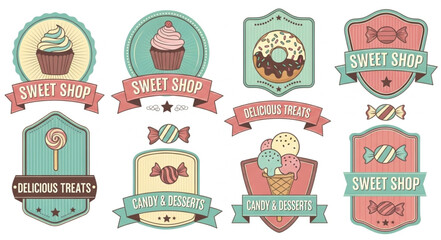 Collection of vintage sweet shop badges and labels.
