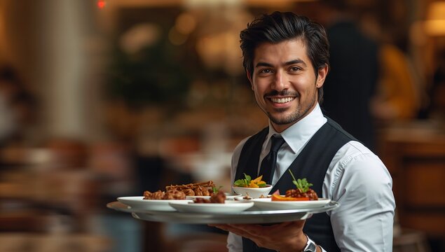 Holding round tray, server black vest tie wearing watch serving apps dips at restaurant, copy space