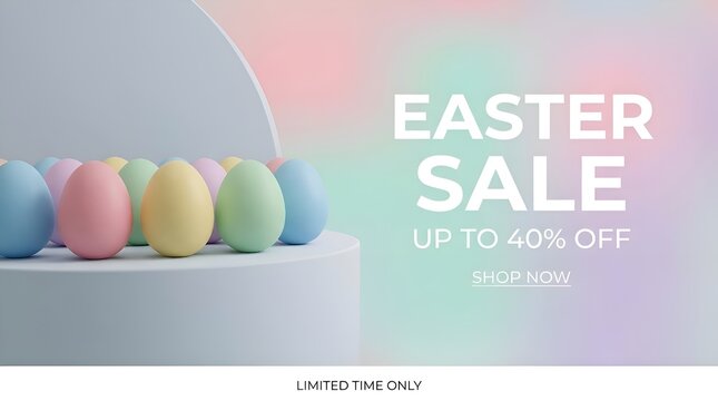 Easter sale banner with pastel eggs on blue podium and gradient background