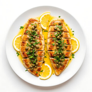 Delicious Chicken Piccata with Lemon and Capers on a White Plate