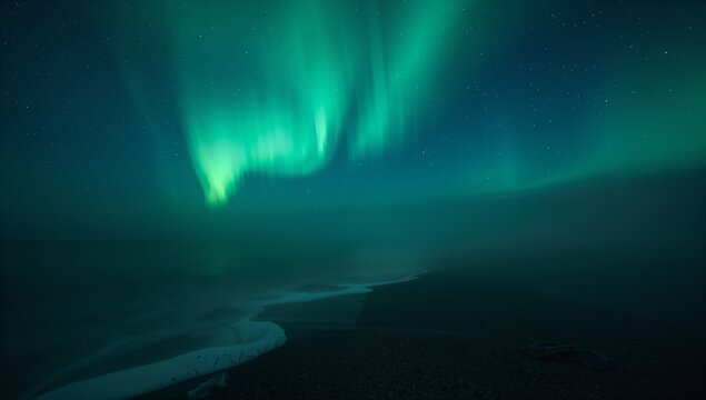 Dancing aurora borealis painting coastal night sky over pebbly beach, ocean, driftwood