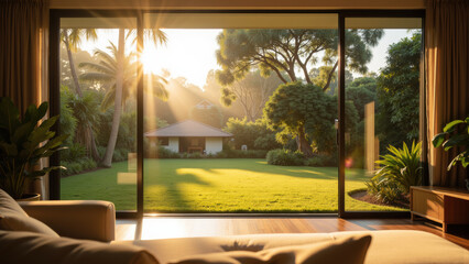 Fototapeta premium Modern living room large glass doors sunlight lush green garden tropical trees cozy atmosphere morning light peaceful view