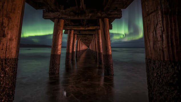 Framing underside of wooden pier revealing receding barnacled pilings at night, aurora reflection