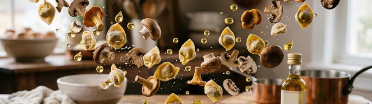 Gourmet Food Concept Slow Motion Shot of mushrooms and Tortellini Falling with Oil Droplets in Kitchen Setting.