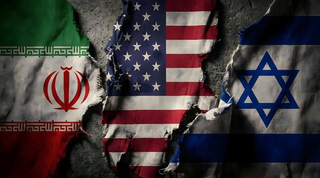 Flags of Iran, USA, and Israel, reflecting geopolitical tensions and international relations issues. The image highlights the complexities of diplomacy and conflict