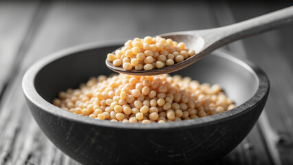 Round pasta wooden spoon black bowl rustic table closeup uncooked healthy food natural light selective focus simple meal