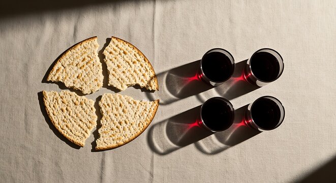 Matzah and wine glasses on a table for Passover celebration with traditional Jewish food